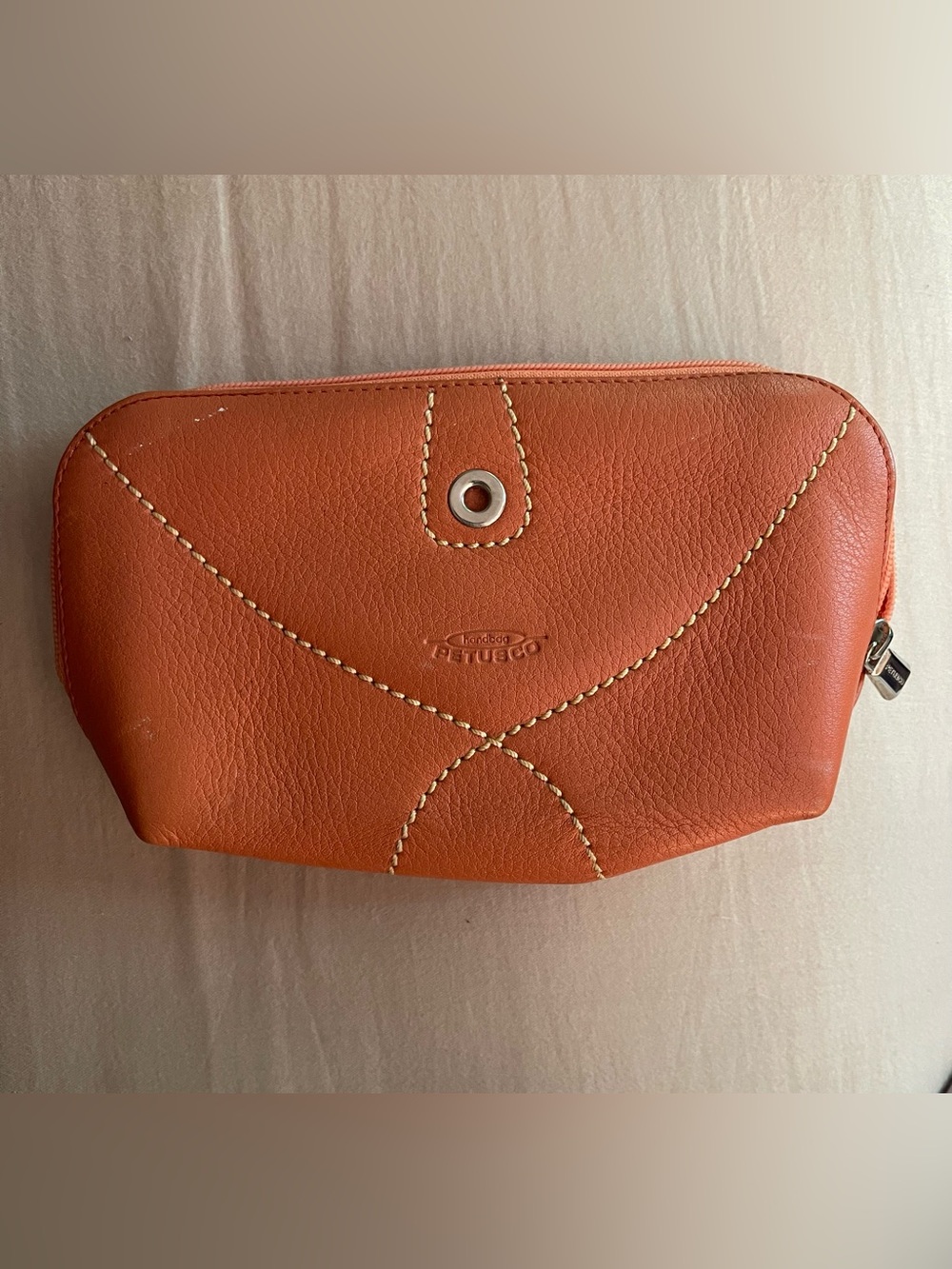 PETUSCO Peach Leather Cosmetic Pouch with Contrast Stitching